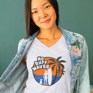 Fetch The Sun Women's Surf T-Shirt | Heather Gray Dog Mom Tee, V-Neck Beach Tee